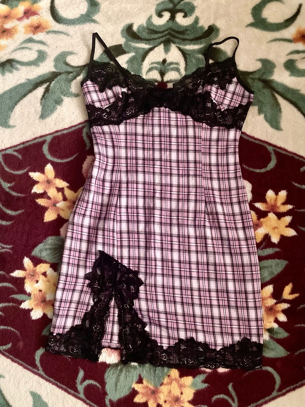 SHEIN sexy Lace-Trim Plaid Slip Dress Pink Black Lace whimsical goth emo sz S/4